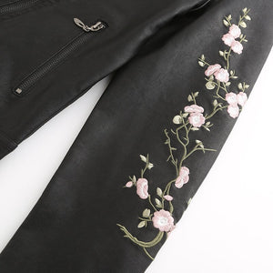 Floral Embroidered Leather Moto Jacket - Sexi Biker